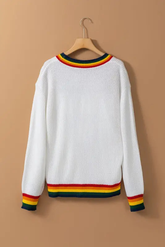 White glitter merry & bright colorful stripes trim sweater - tops