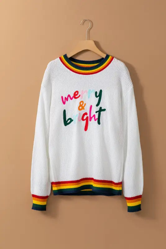 White glitter merry & bright colorful stripes trim sweater - tops