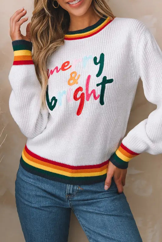 White glitter merry & bright colorful stripes trim sweater - s / 100% acrylic - tops