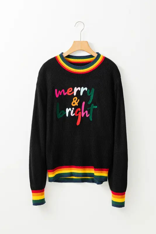 White glitter merry & bright colorful stripes trim sweater - tops