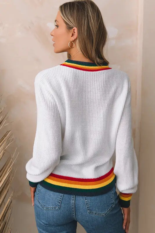 White glitter merry & bright colorful stripes trim sweater - tops