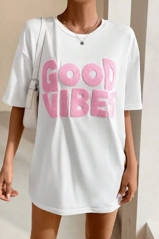 White good vibes chenille embroidered crewneck t shirt - tops