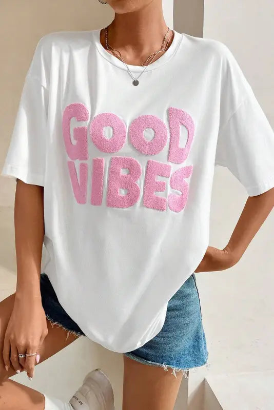 White good vibes chenille embroidered crewneck t shirt - s / 95% cotton + 5% polyester - tops