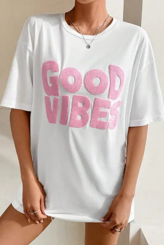 White good vibes chenille embroidered crewneck t shirt - tops