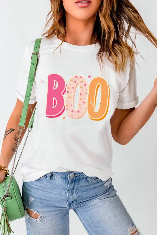 White halloween boo letter graphic t-shirt