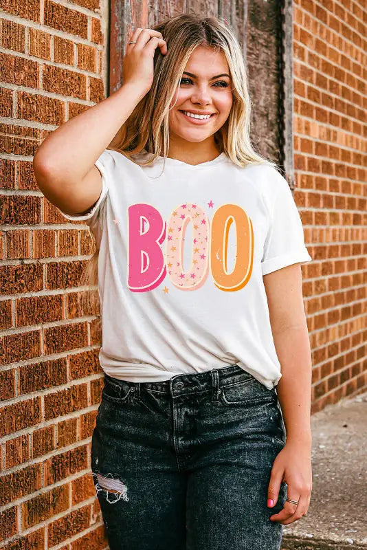 White halloween boo letter graphic t-shirt