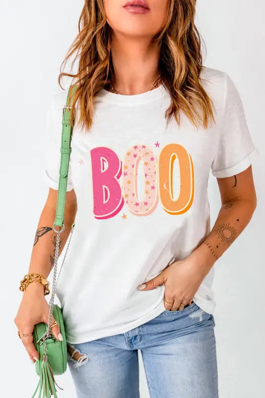 White halloween boo letter graphic t-shirt