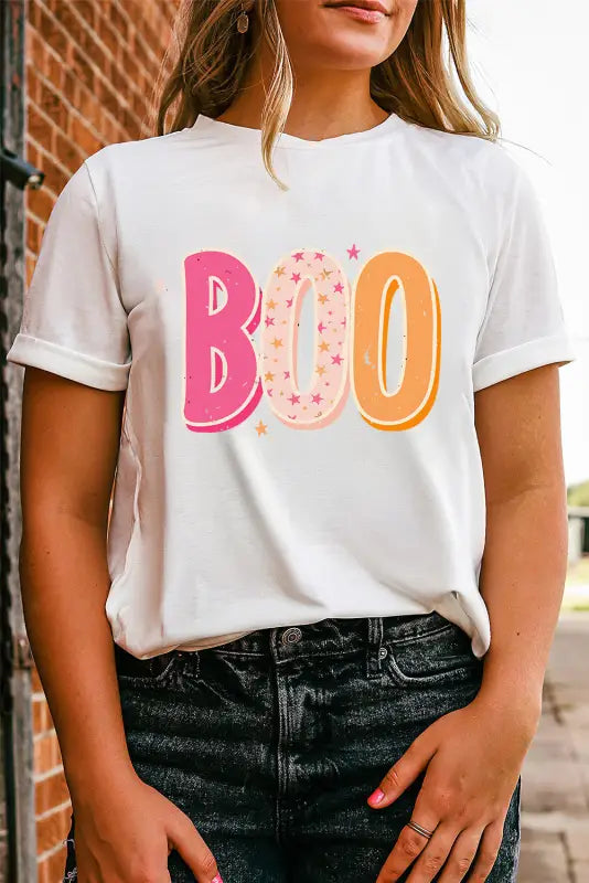 White halloween boo letter graphic t-shirt