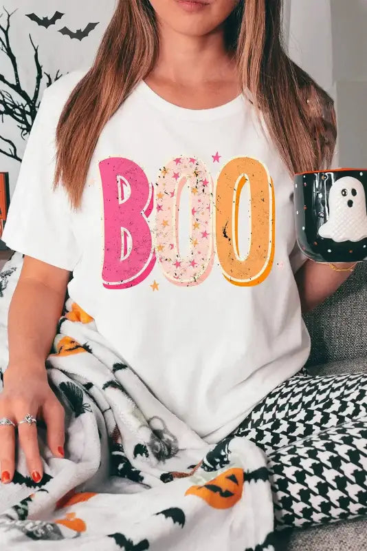 White halloween boo letter graphic t-shirt