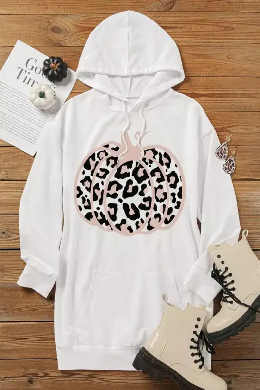 White halloween pumpkin leopard hooded sweatshirt dress - bodycon dresses