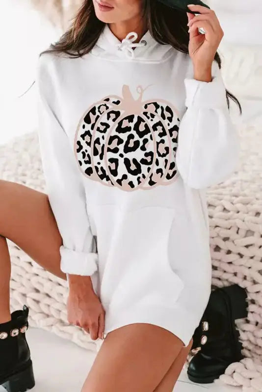 White halloween pumpkin leopard hooded sweatshirt dress - bodycon dresses