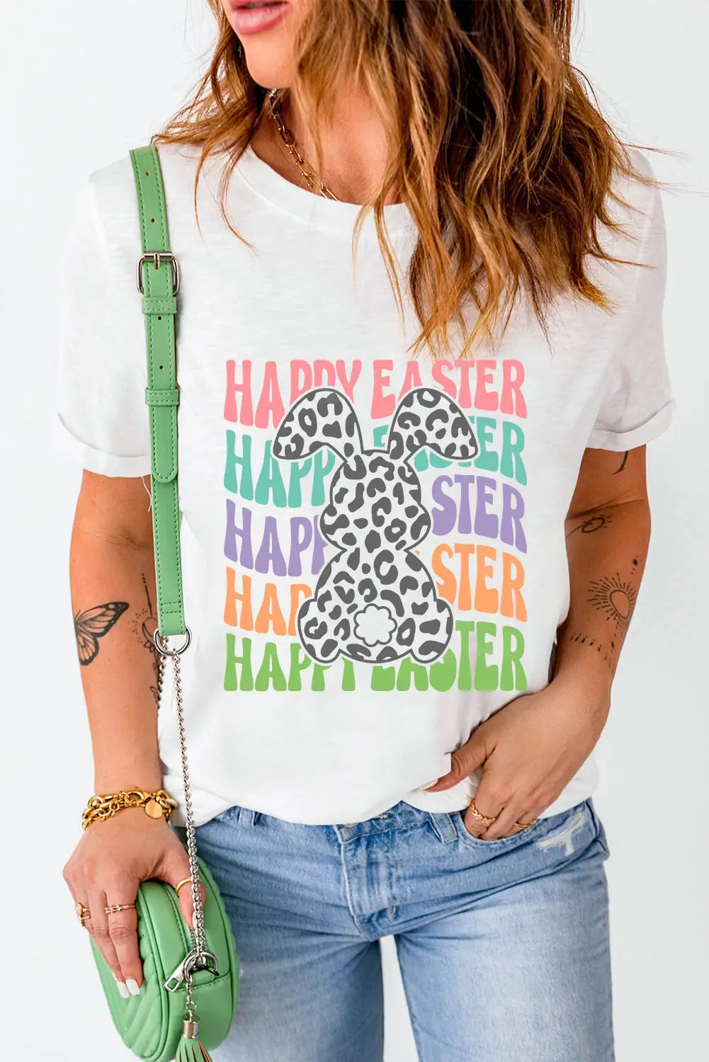 White happy easter rabbit print crew neck t shirt - s 62% polyester + 32% cotton + 6% elastane graphic t - shirts