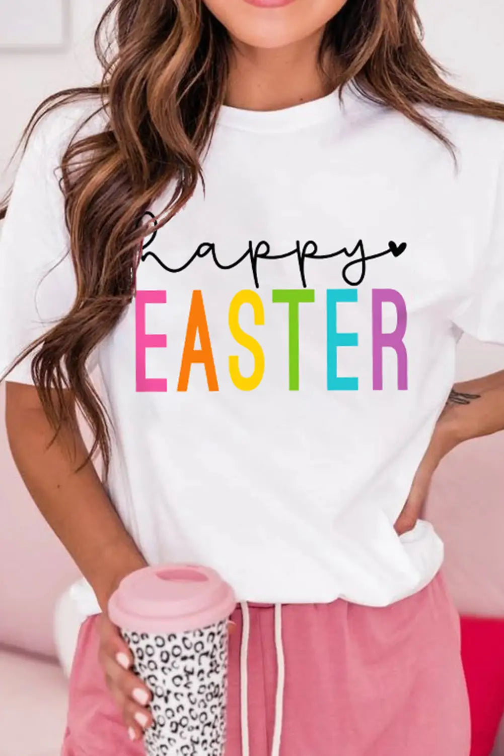 White happy easter round neck graphic tee - s 62% polyester + 32% cotton + 6% elastane t - shirts