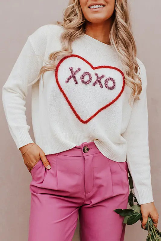 White heart xoxo pattern drop shoulder rib knit sweater - l / 55% acrylic + 45% cotton - sweaters & cardigans