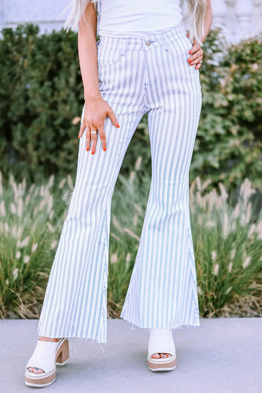White high waist striped print flared pants - s / 98% cotton + 2% elastane - wide leg