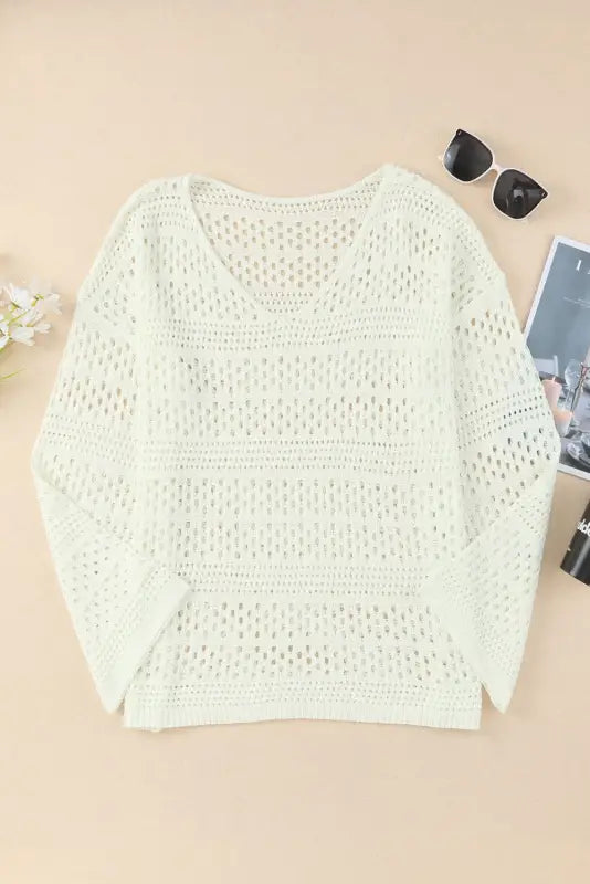 White hollow out crochet v neck pullover sweater - cover-ups