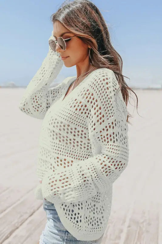 White hollow out crochet v neck pullover sweater - cover-ups