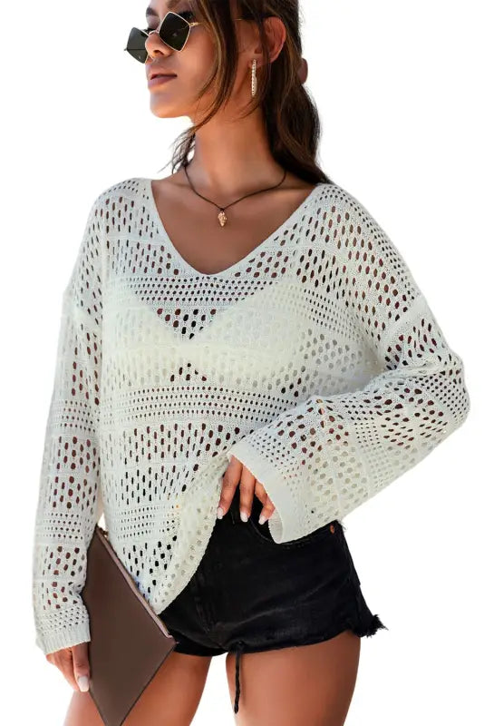 White hollow out crochet v neck pullover sweater - cover-ups