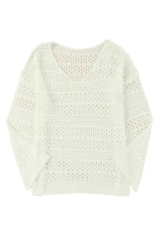 White hollow out crochet v neck pullover sweater - cover-ups