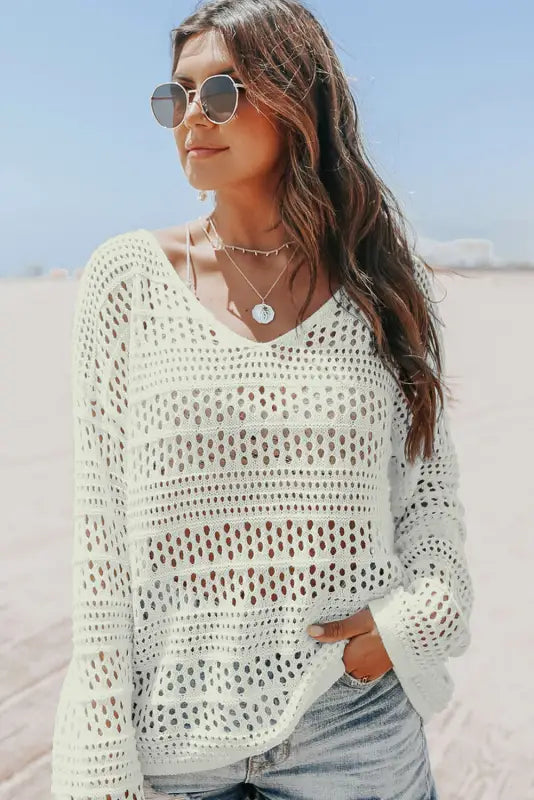 White hollow out crochet v neck pullover sweater - cover-ups