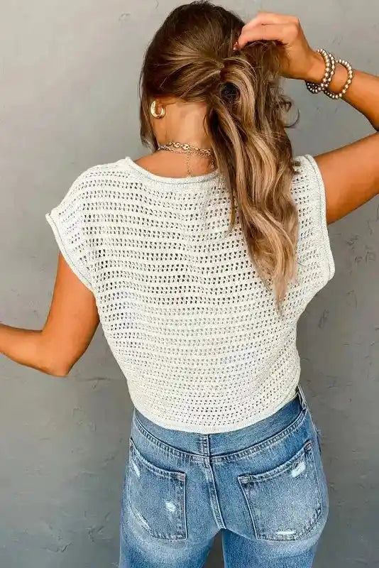 Back view of White Knit Cap Sleeve Tee highlighting the open-knit hollow design and relaxed fit, perfect for daily casual outfits.