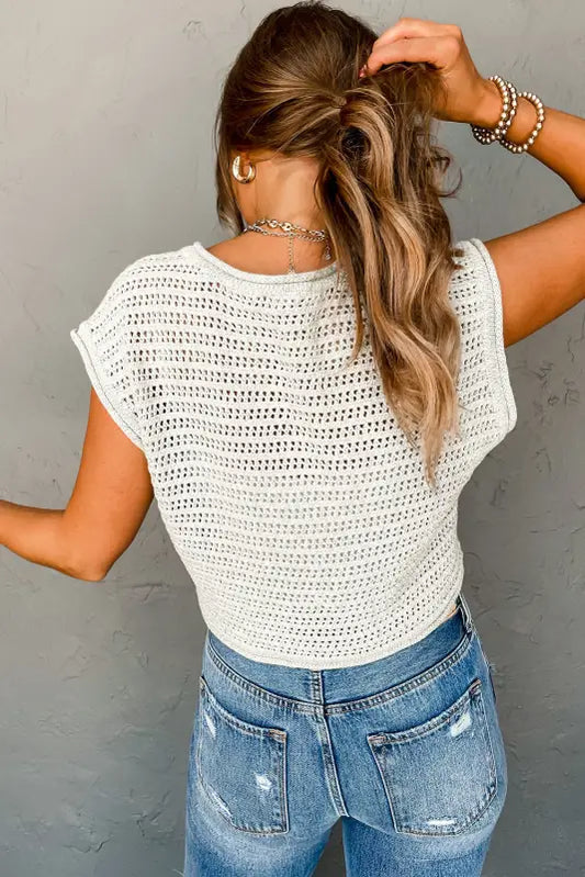 White hollow out knit cap sleeve sweater - tops