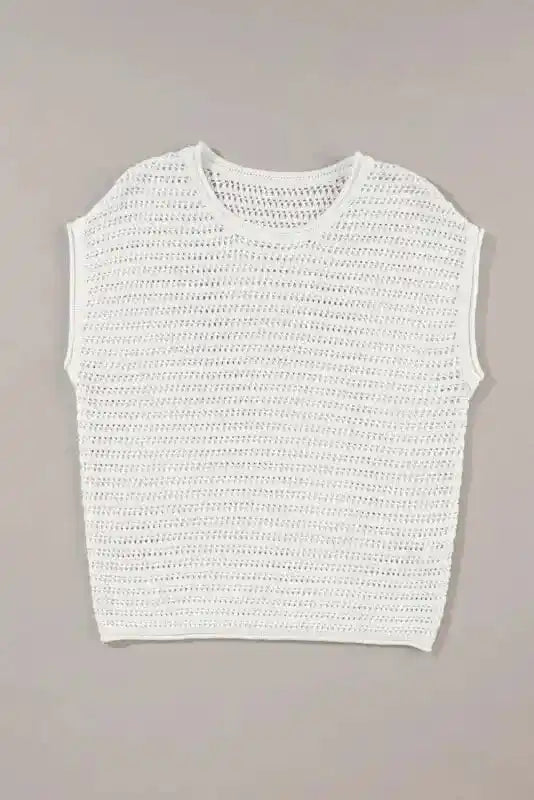 Flat lay of White Knit Cap Sleeve Tee displaying its hollow-out crochet design and sleeveless silhouette for casual styling.