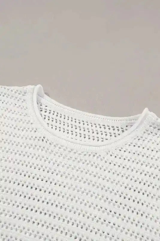 Neckline close-up of White Knit Cap Sleeve Tee featuring a round neck and open-knit texture for a cozy, casual style.