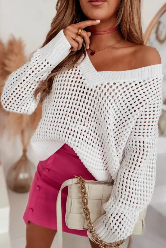 White hollow out knitted loose fit v neck sweater - sweaters & cardigans