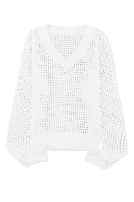 White hollow out knitted loose fit v neck sweater - sweaters & cardigans