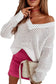 White hollow out knitted loose fit v neck sweater - sweaters & cardigans