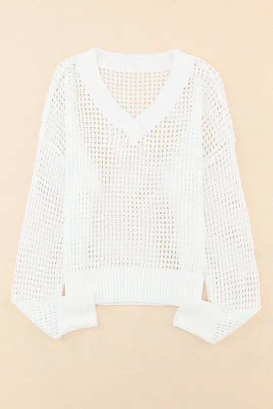 White hollow out knitted loose fit v neck sweater - sweaters & cardigans