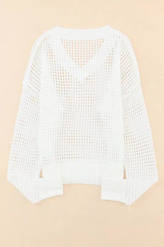 White hollow out knitted loose fit v neck sweater - sweaters & cardigans