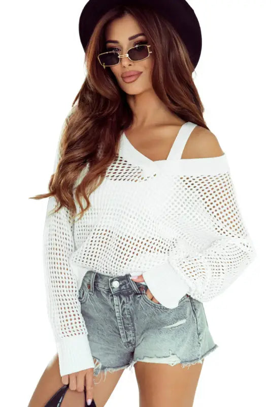 White hollow out knitted loose fit v neck sweater - sweaters & cardigans