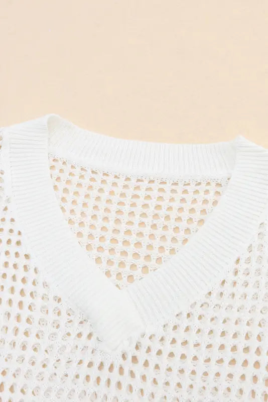 White hollow out knitted loose fit v neck sweater - sweaters & cardigans