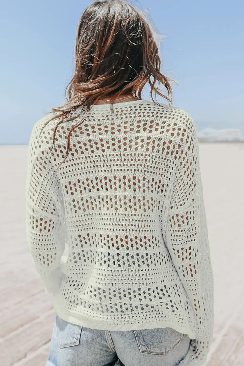 White hollow out crochet v neck pullover sweater - swimwear
