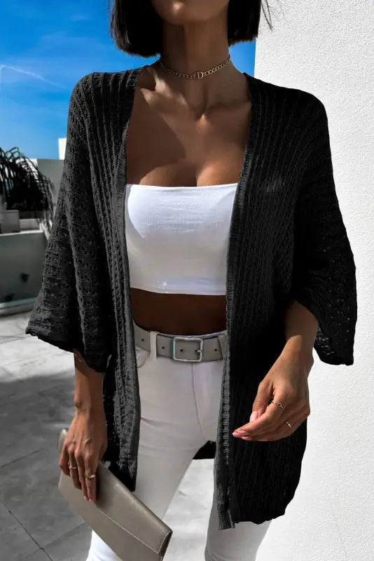 White hollow-out knit kimono lightweight cardigan - black / one size / 100% viscose - outerwear