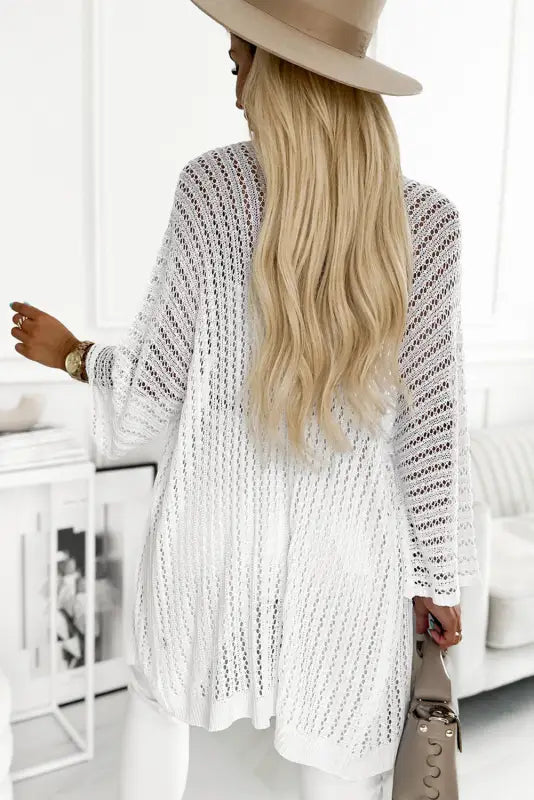 White hollow-out knit kimono lightweight cardigan - black / one size / 100% viscose - outerwear