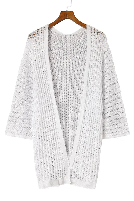 White hollow-out knit kimono lightweight cardigan - black / one size / 100% viscose - outerwear