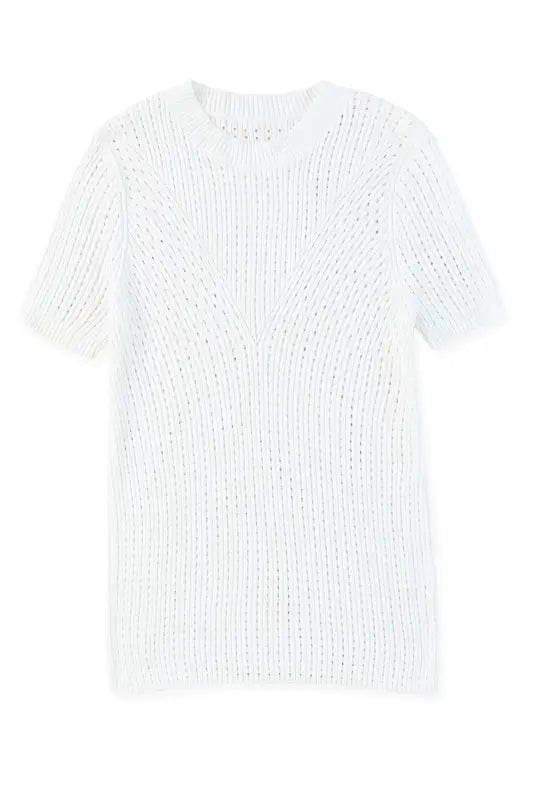 White hollow-out knitted short sleeve t shirt - tops