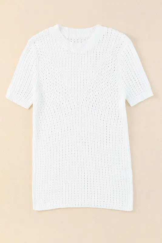 White hollow-out knitted short sleeve t shirt - tops