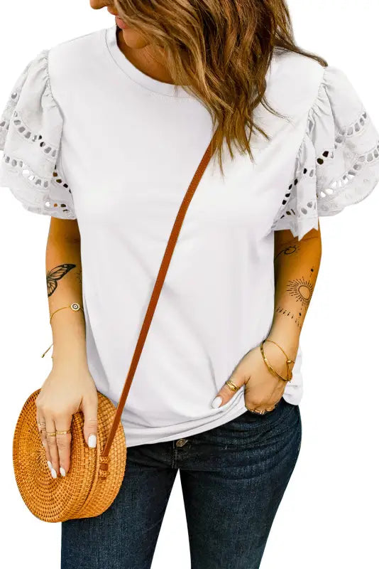 White hollow out ruffle sleeve t-shirt - tops