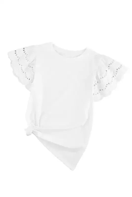 White Hollow Out Ruffle Sleeve T-shirt - Fashionfitz