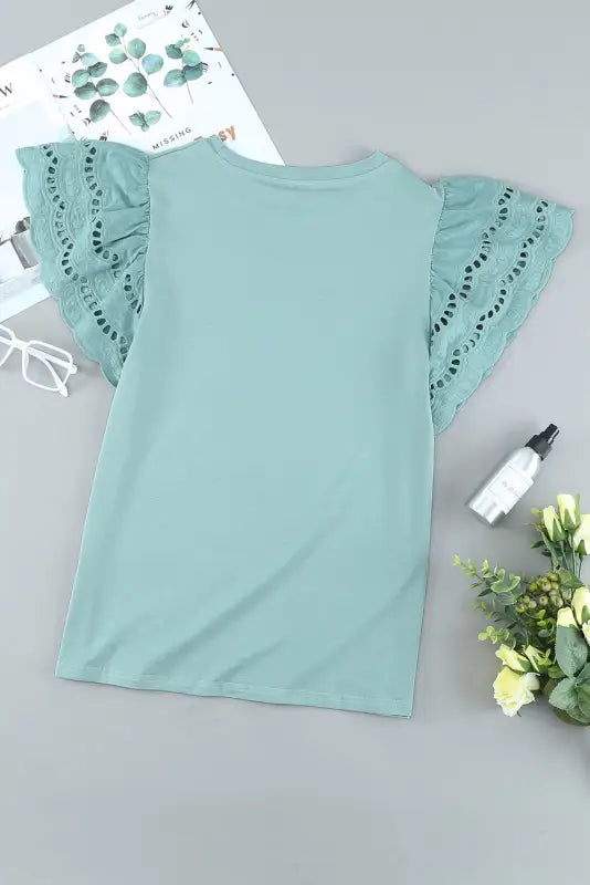 White hollow out ruffle sleeve t-shirt - tops