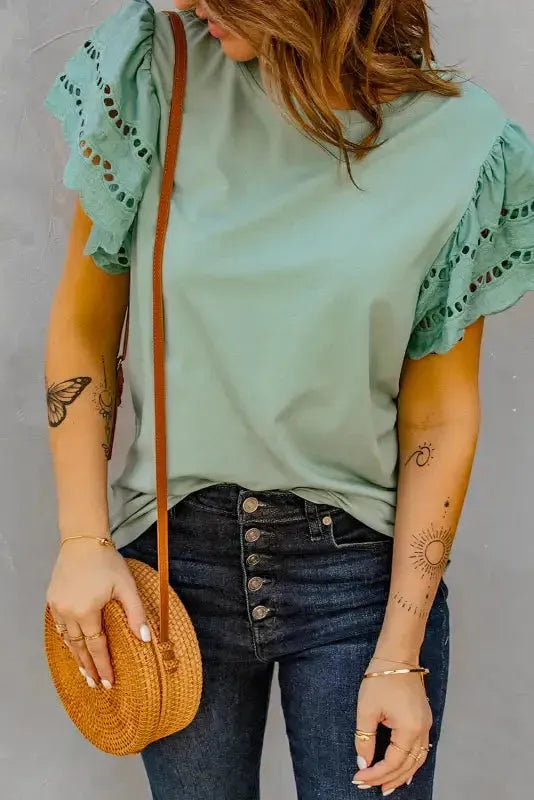 White Hollow Out Ruffle Sleeve T-shirt - Fashionfitz