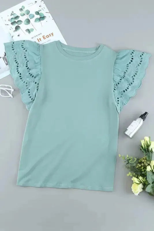 White Hollow Out Ruffle Sleeve T-shirt - Fashionfitz