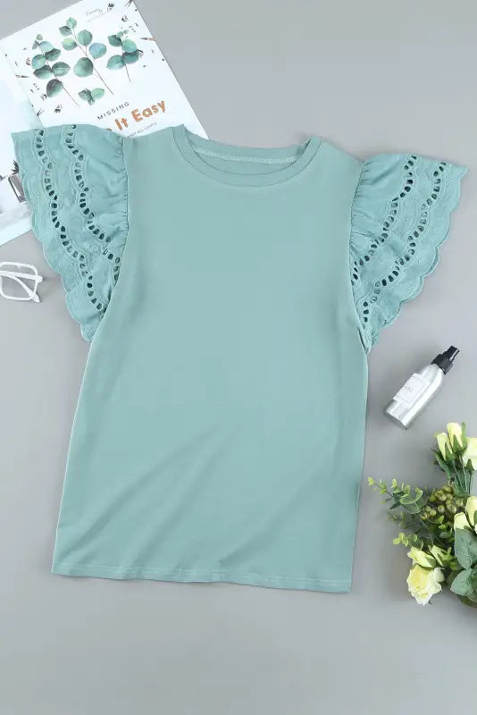 White hollow out ruffle sleeve t-shirt - tops