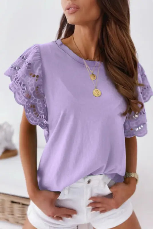 White hollow out ruffle sleeve t-shirt - tops