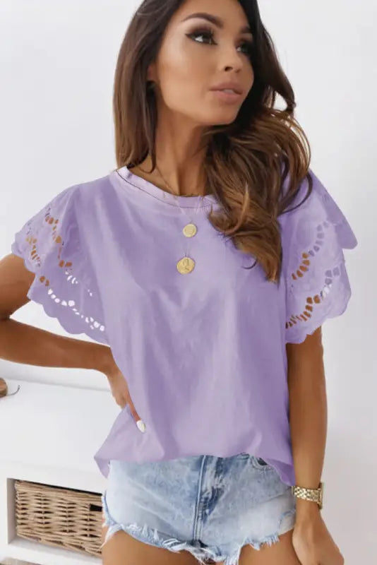 White hollow out ruffle sleeve t-shirt - tops