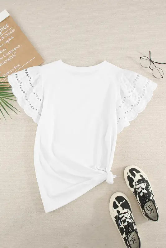 White hollow out ruffle sleeve t-shirt - tops